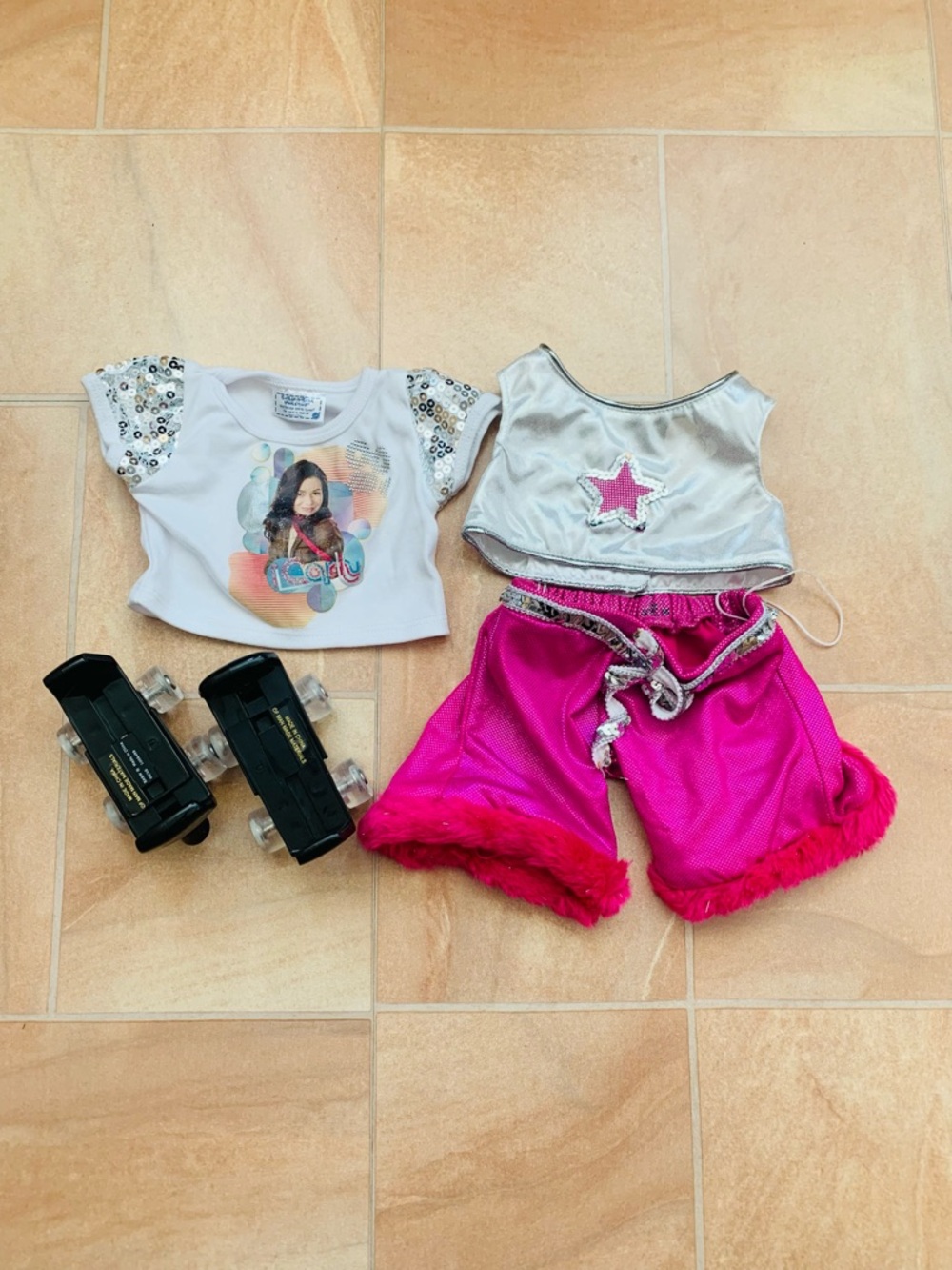Build-A-Bear White & Silver ICarly Sequin T-Shirt, Skates, & Pink Pants Outfit